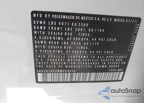 2021 Volkswagen Tiguan 2.0T Se/2.0T Se R-Line Black/2.0T Sel из США, поврежденный, VIN 3VV2B7AX0MM058928